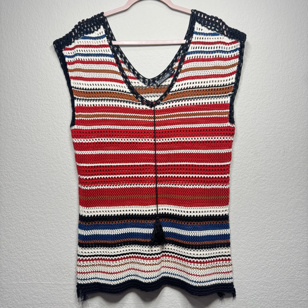 NY & Co. 7th Avenue Crochet Tunic Top XL Blue Red Sleeveless V-Neck Knit Coverup